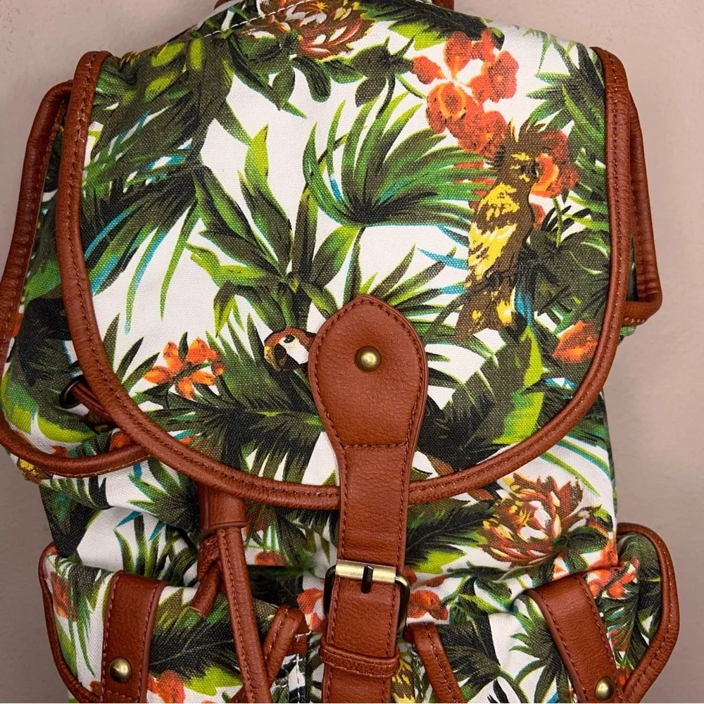 Tropical Backpack Colorful Green White Tan Brown Faux Leather Trim Travel School